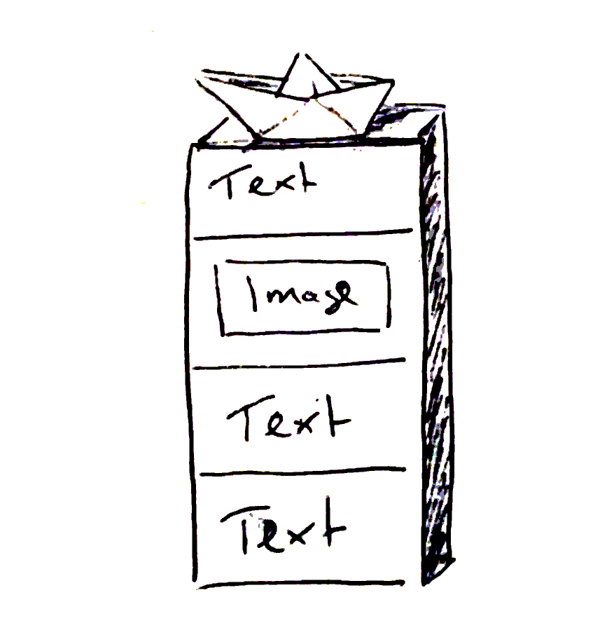 Drawing of four content blocks stacked on top of each other, crowned by a paper boat.